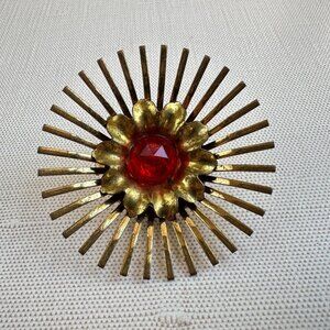 Vintage 1930s Brass Sunburst Brooch with Red Rhinestone Center  2" C Clasp
